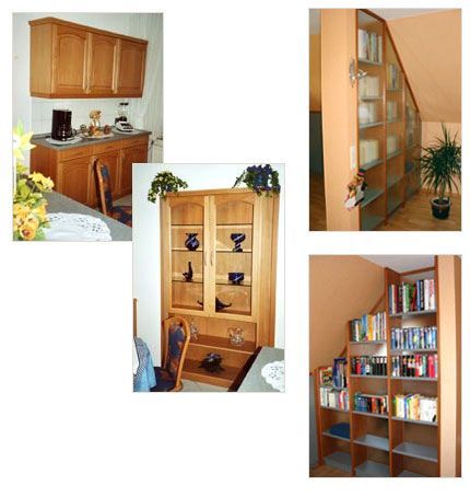 Eine Bilderserie, die eine moderne Küche und ein gemütliches Wohnzimmer zeigt, ideal für Wohninspiration.